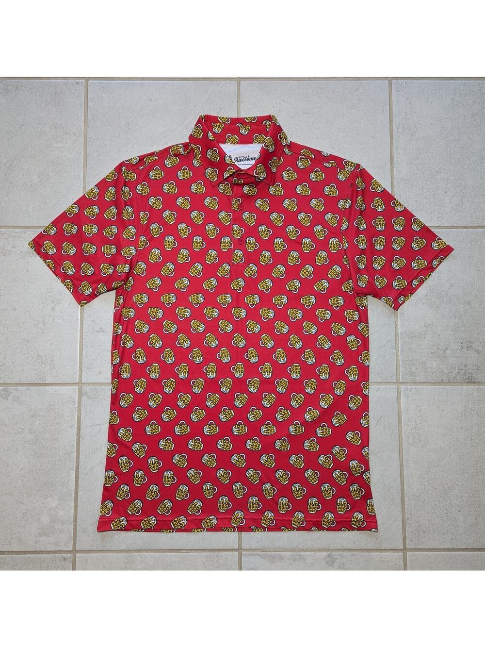 Royal & Awesome Men's Medium Polo Golf Shirt Red All Over Print Beer Mugs